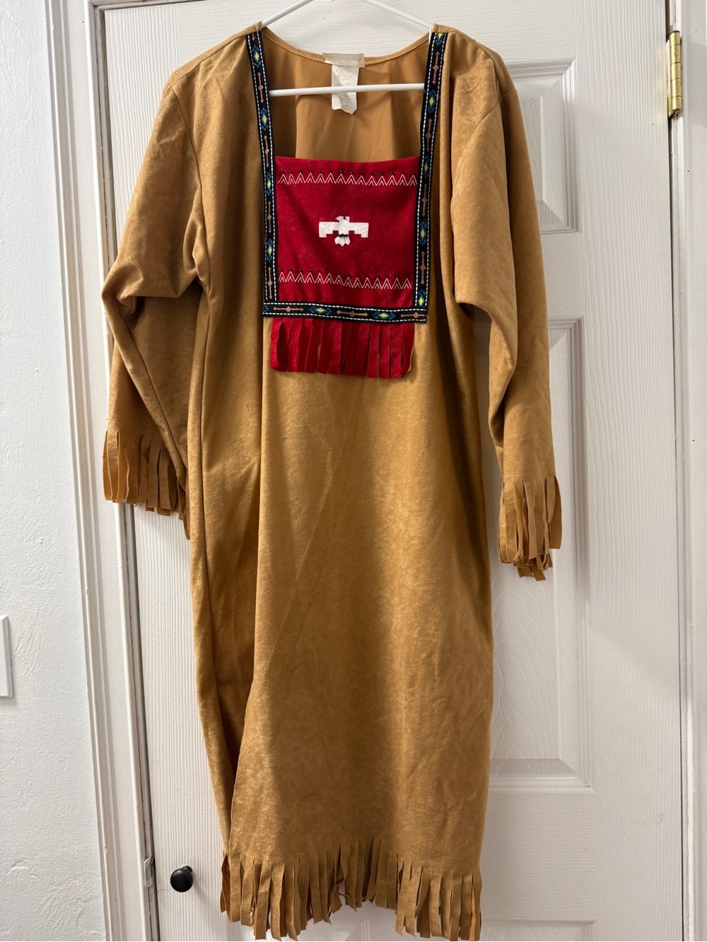 Woman’s Brown Fringe Native American Costume with Red Decorative Bib